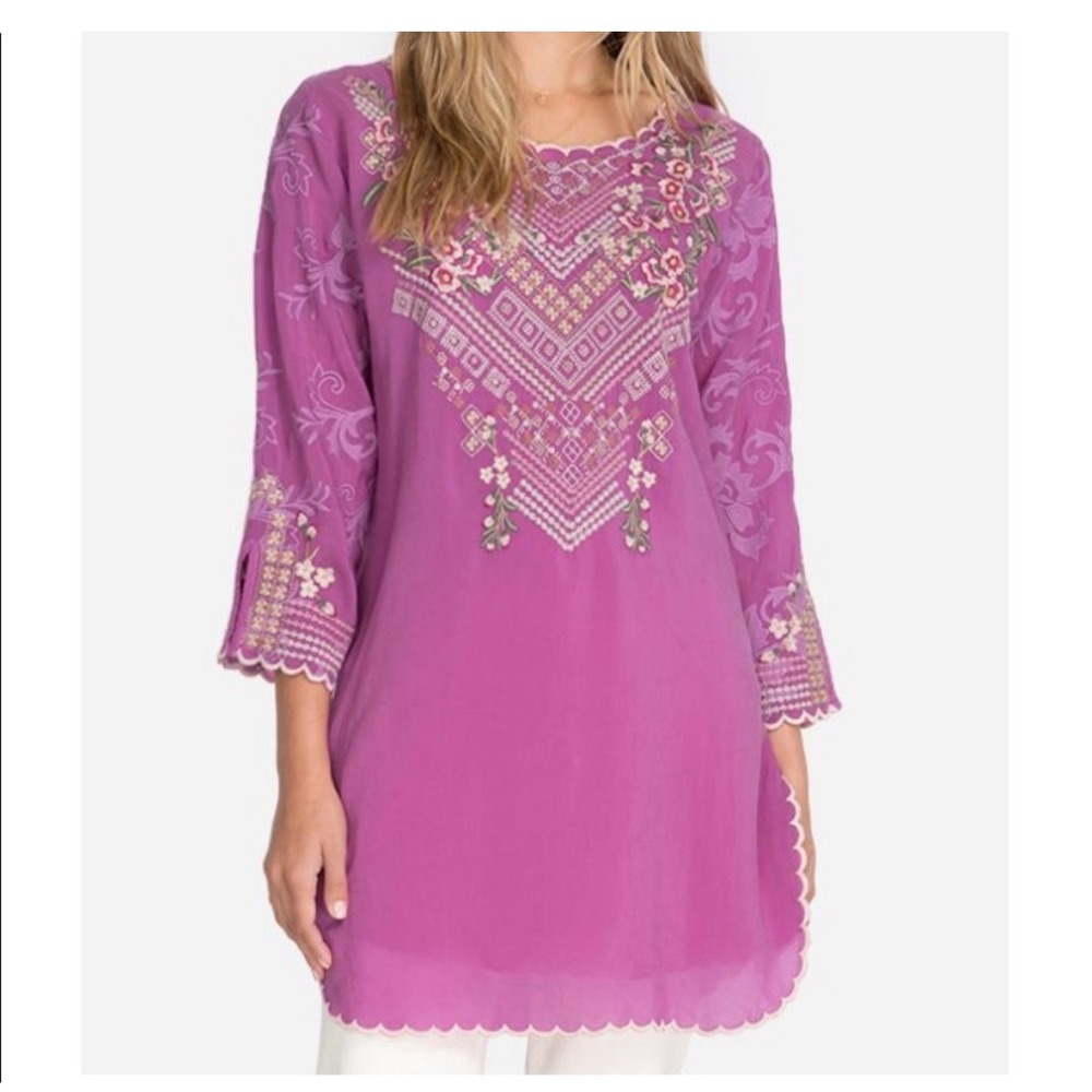 Johnny Was Embroidered Floral Tunic Blouse Top Purple